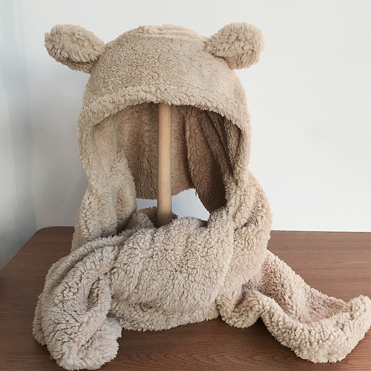 小熊耳朵围巾一体帽子女jennie同款秋冬...