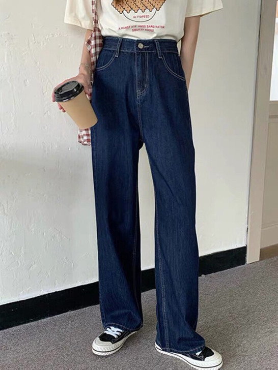 复古深蓝色高腰牛仔裤
