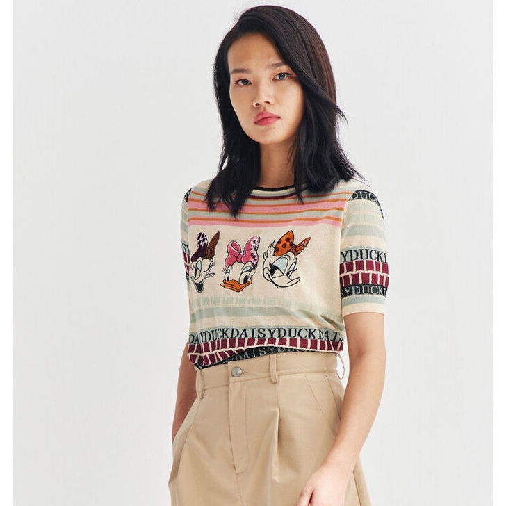 2021年曼娅奴特圆领卡通唐老鸭条纹针织衫...