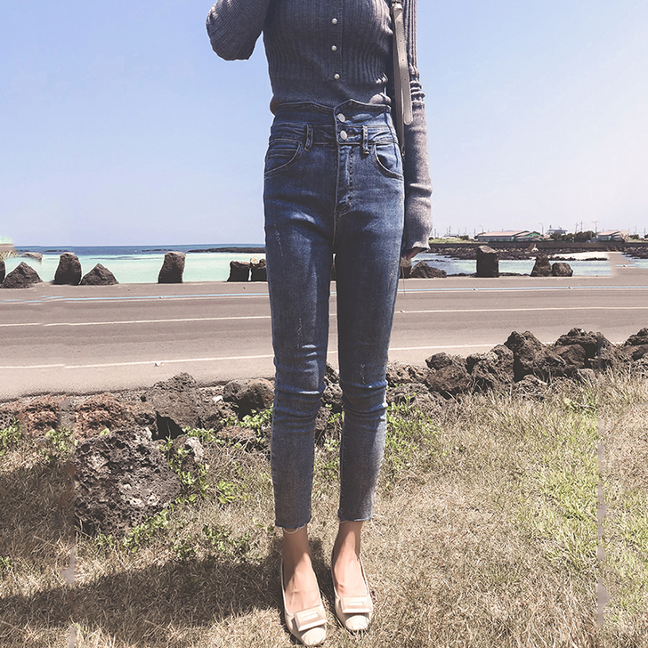 2018秋装新款韩版高腰chic黑色紧身牛...