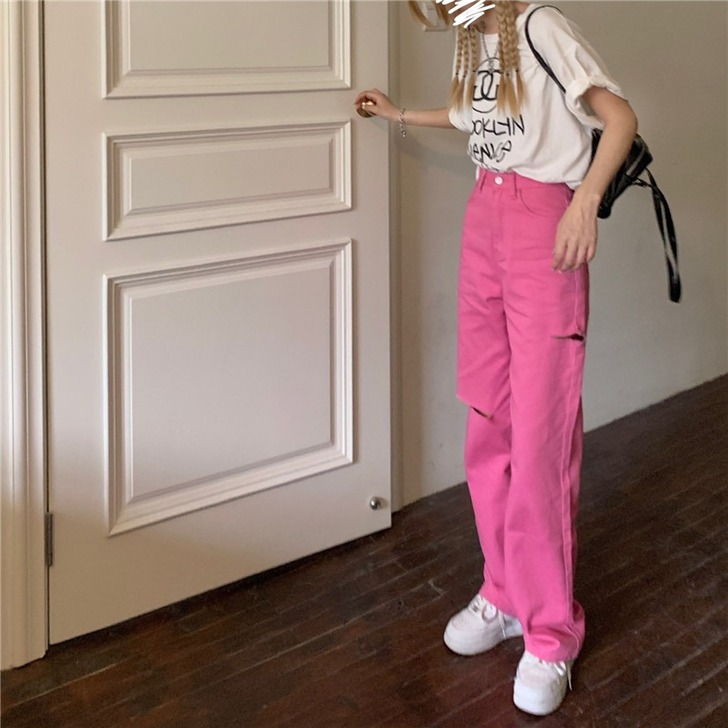 玫红色韩国街头破洞牛仔裤女2021夏季新款...