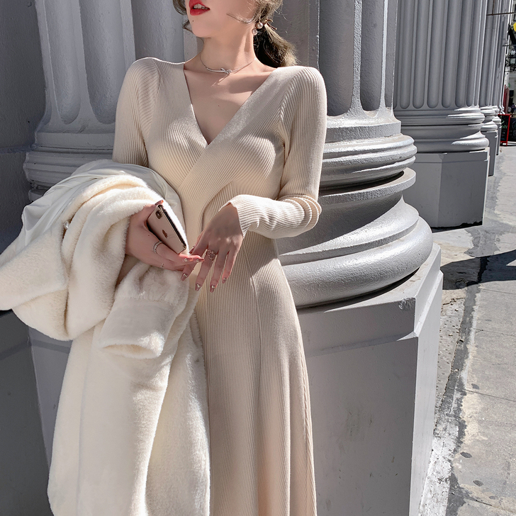 ByYou秋冬新款收腰显瘦长袖v领针织打底...