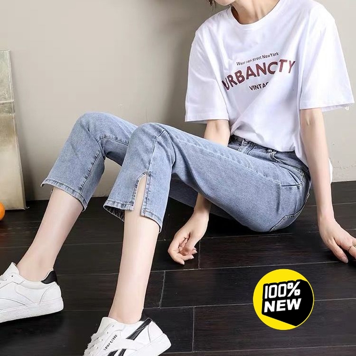 特价处理  夏季小个子七分开叉高腰牛仔裤女...