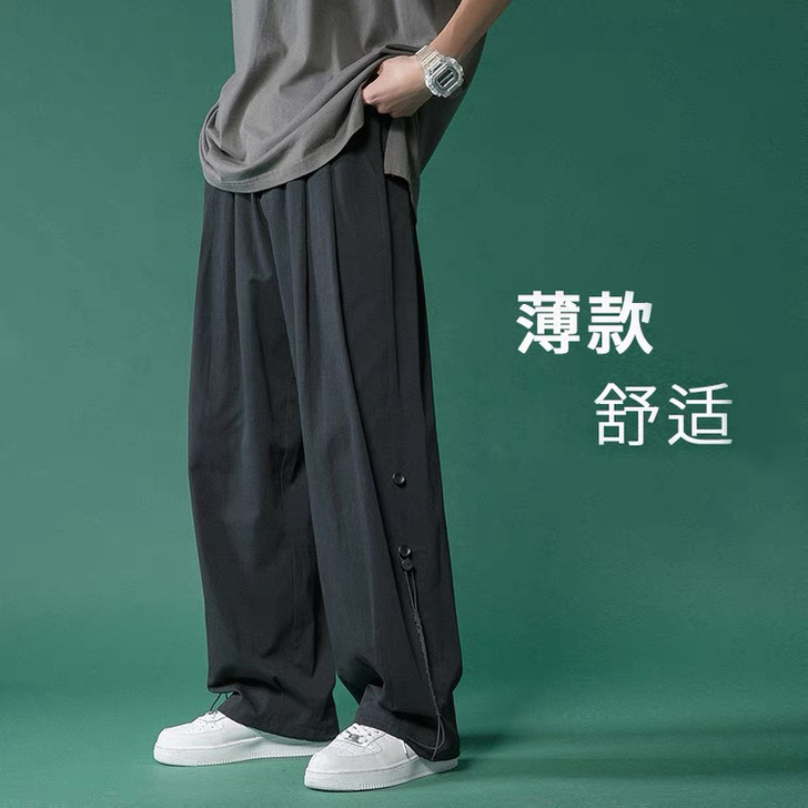 排扣裤子男夏季薄款宽松直筒休闲裤港风潮流高...