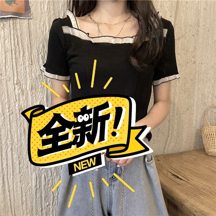 全新蕾丝拼接方领冰丝短袖针织衫女夏季薄款2...
