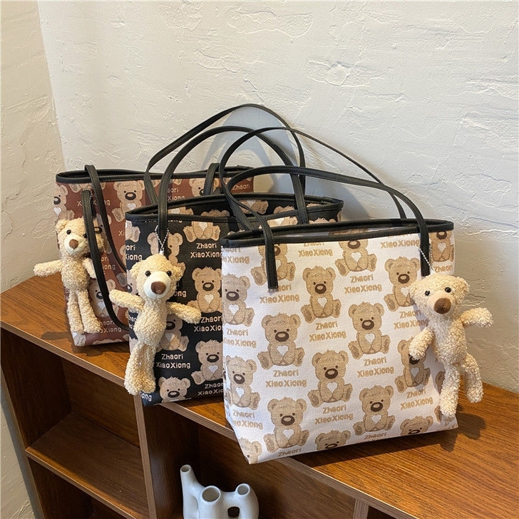 高档刺绣小熊帆布pu包女单肩大容量韩版百搭...