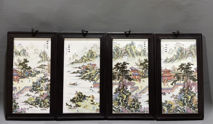 红木实木框内镶粉彩山水《锦绣山河》四条幅