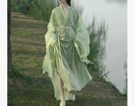 原创绿色汉服女夏季魏晋风直裾薄款古装超仙