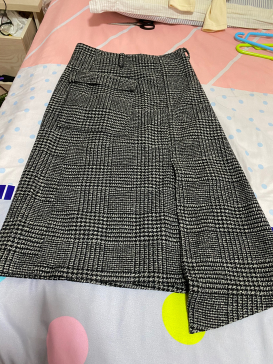 独家高定毛呢高腰黑白格半身裙秋冬女冬天配毛...