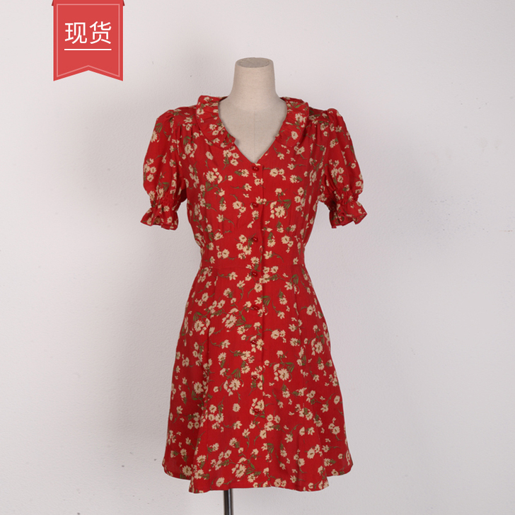 mj 复古港风红色印花连衣裙 2020夏新...