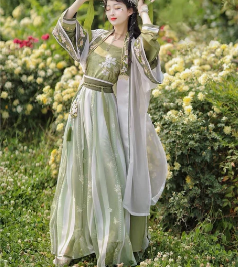 宋制汉服女夏款中国风齐腰百迭裙绿色仙气飘逸...