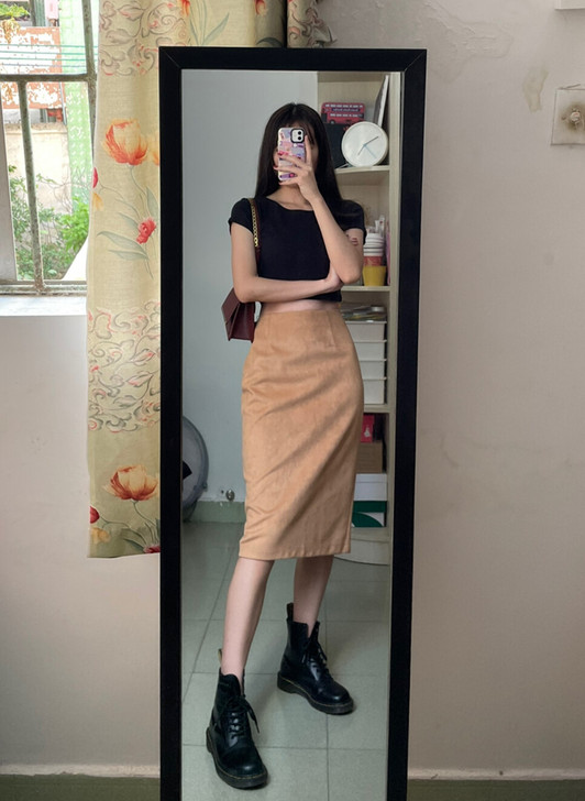 韩版后开叉中长款包臀显瘦拉链半身裙纯色铅笔...