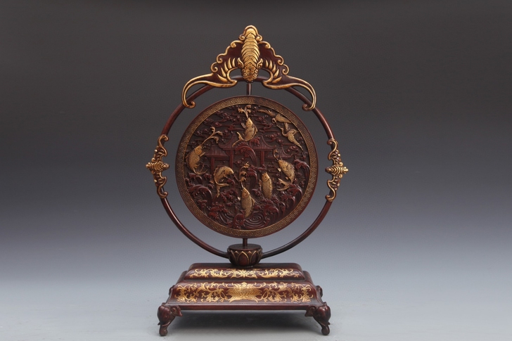 明 精铸紫铜胎鎏金鱼跃龙门纹转心屏