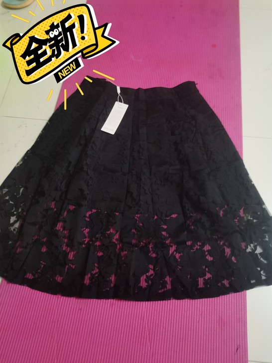 全新 半身裙夏季新款蕾丝短裙女中裙黑色网纱...