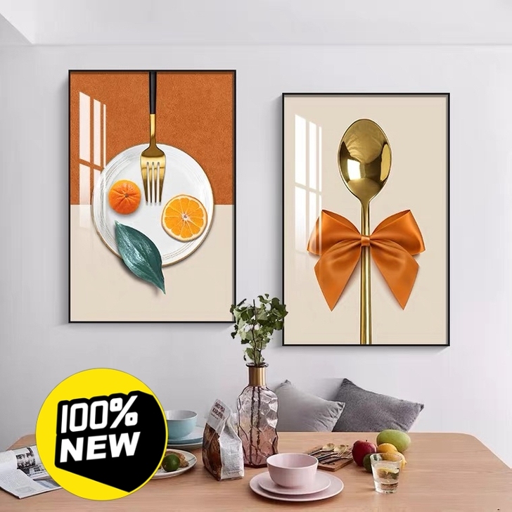 餐厅饭厅晶瓷装饰画现代简约餐桌墙挂画橙色轻...