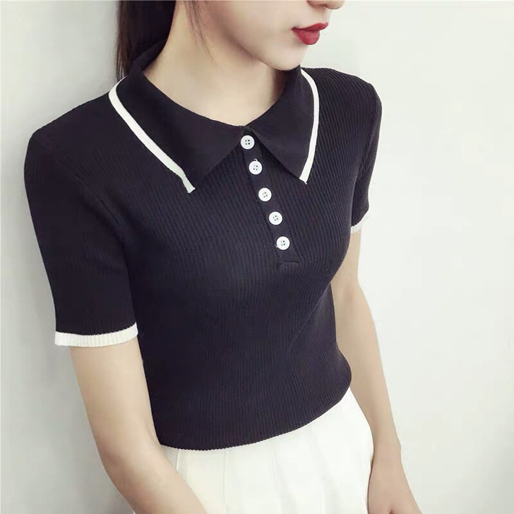 夏装2021新款洋气修身polo翻领打底针...