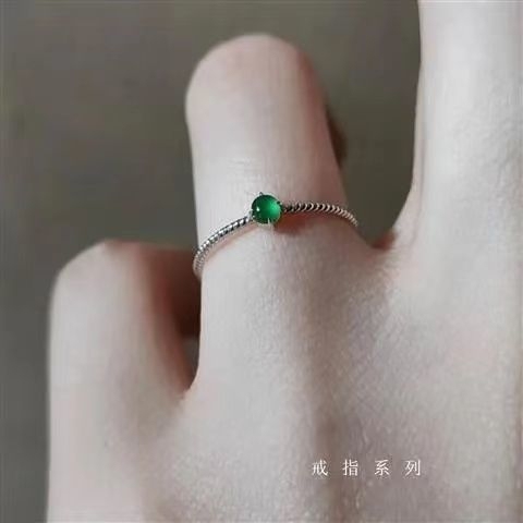 天然满绿玉髓S925纯银镶嵌钻石戒指复古简...