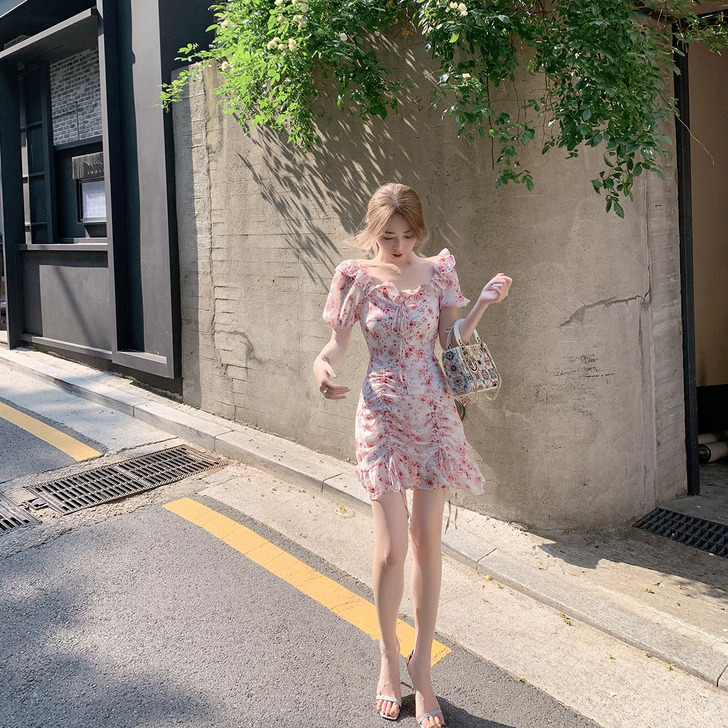 ByYou 夏季复古红色碎花雪纺连衣裙收腰...