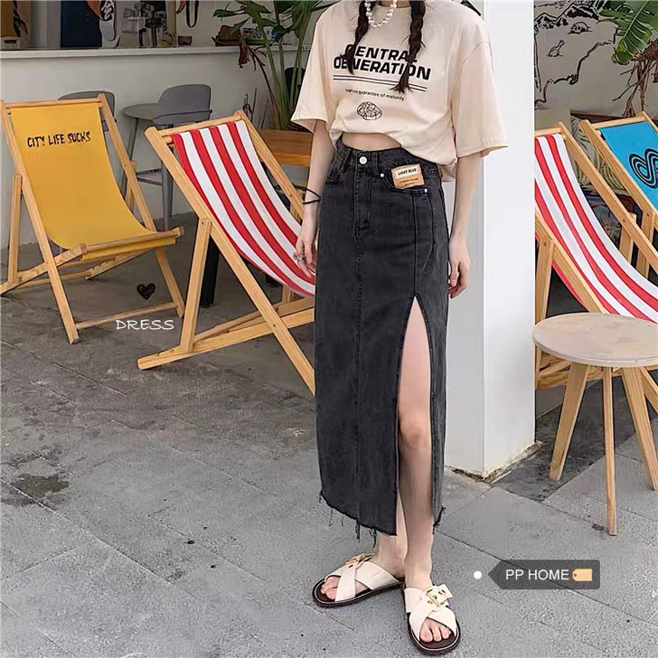 高腰开衩水洗牛仔半身裙长裙