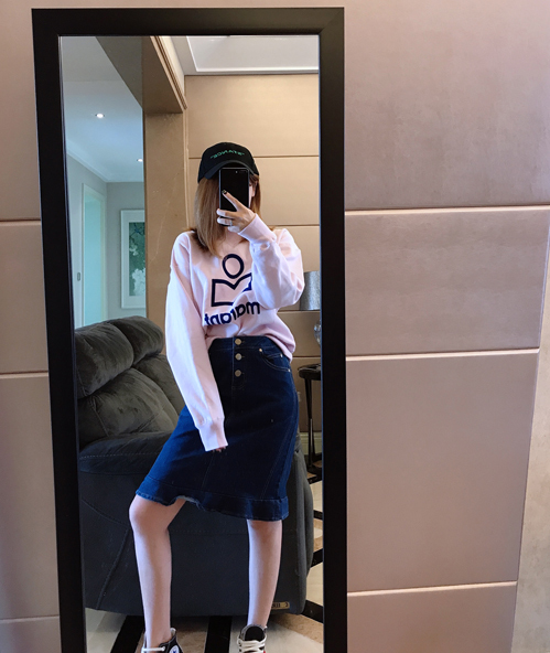 温暖的弦。荷叶边长及膝长牛仔半裙铅笔裙~精致