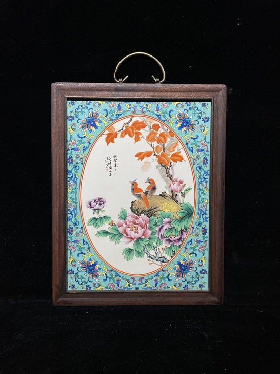 红木框内镶粉彩满花花鸟瓷板画《秋声连连》挂...