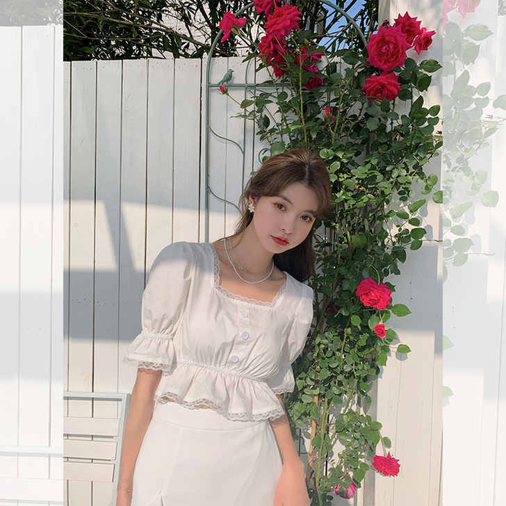范智乔 方领拼花边小衬衫 女上衣