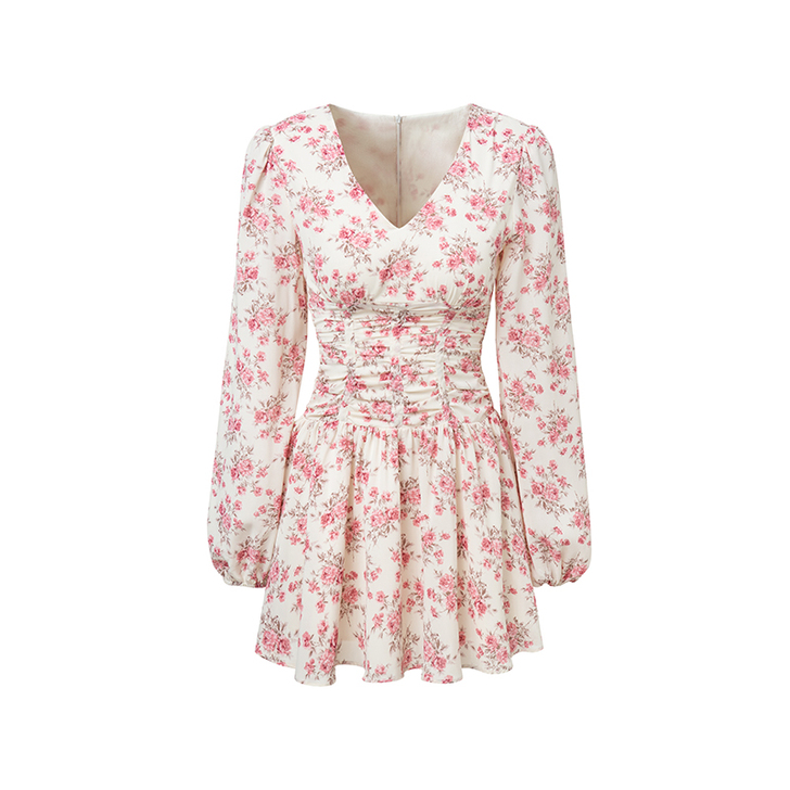 ByYou 夏季显肤白法式泡泡袖粉色碎花V...