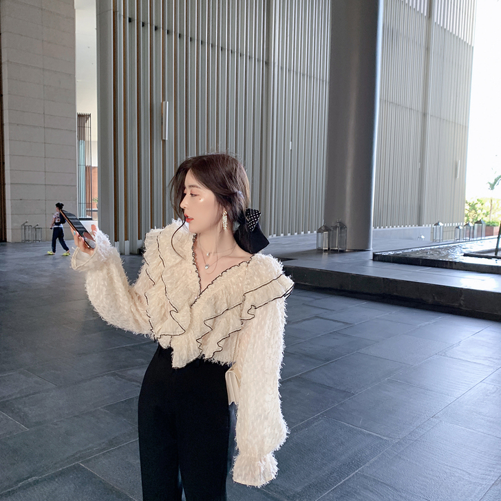 ByYou春季V领荷叶边仙气雪纺衫女设计感...