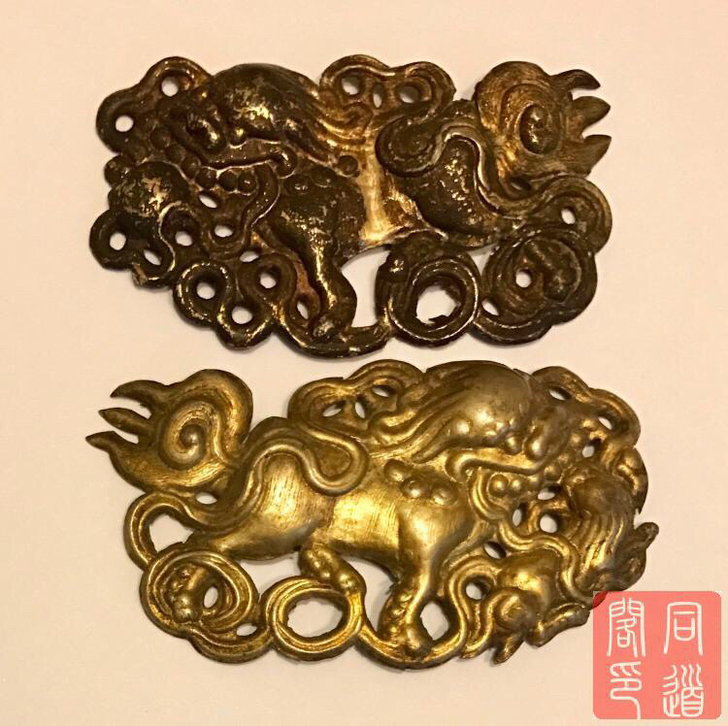 民国 苏工 老银鎏金 老银狮子帽饰一对 包...