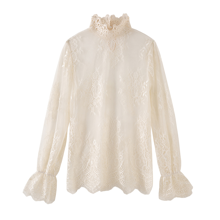 ByYou 秋冬新款长袖镂空水溶杏白色蕾丝...