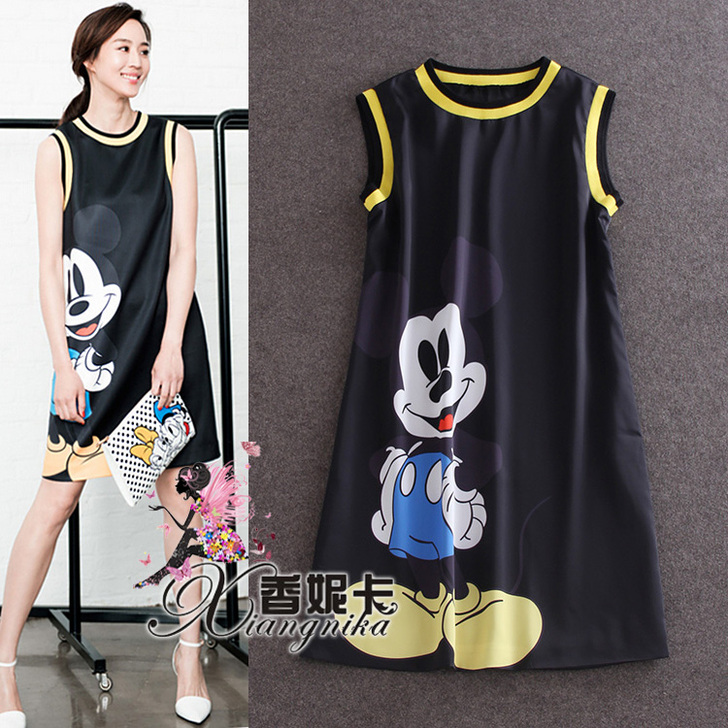 张钧甯宋佳同款 休闲卡通米奇无袖连衣裙