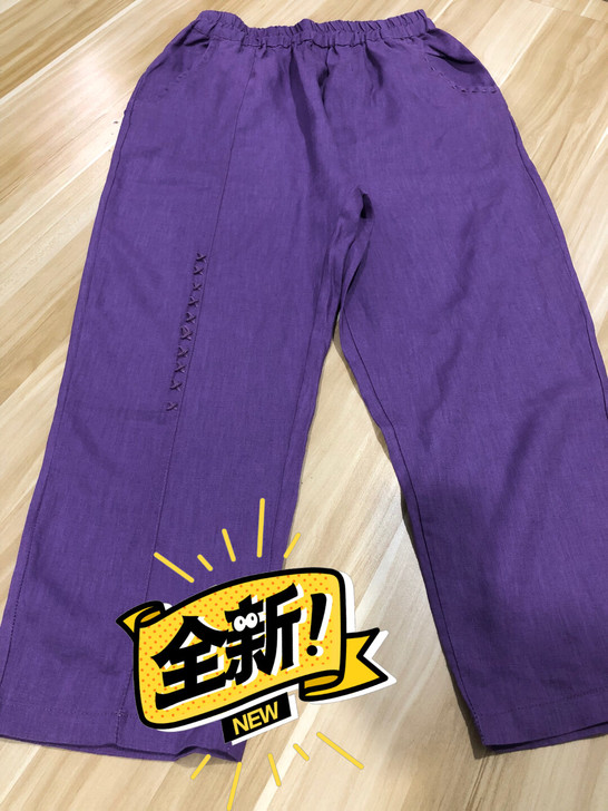 包邮全新纯亚麻休闲裤 手工贡针设计 紫色直...