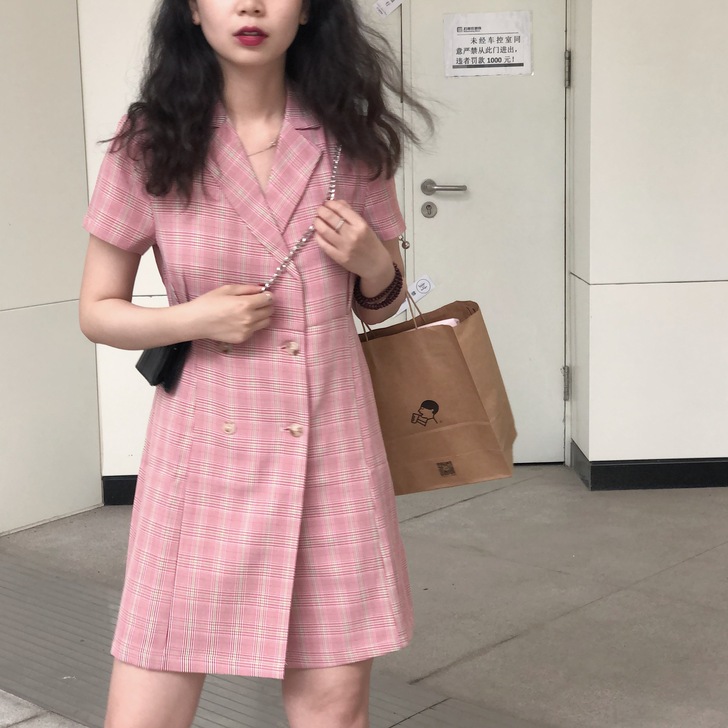 麻与啾 19ss初恋小甜苺格子西服裙双排扣...