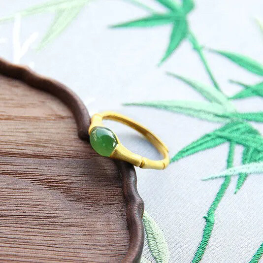 S925纯银镶嵌天然和田碧玉竹节戒指简约优...