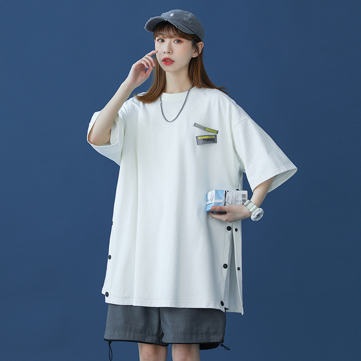 下摆开叉排扣t恤女短袖欧美高街hiphop...