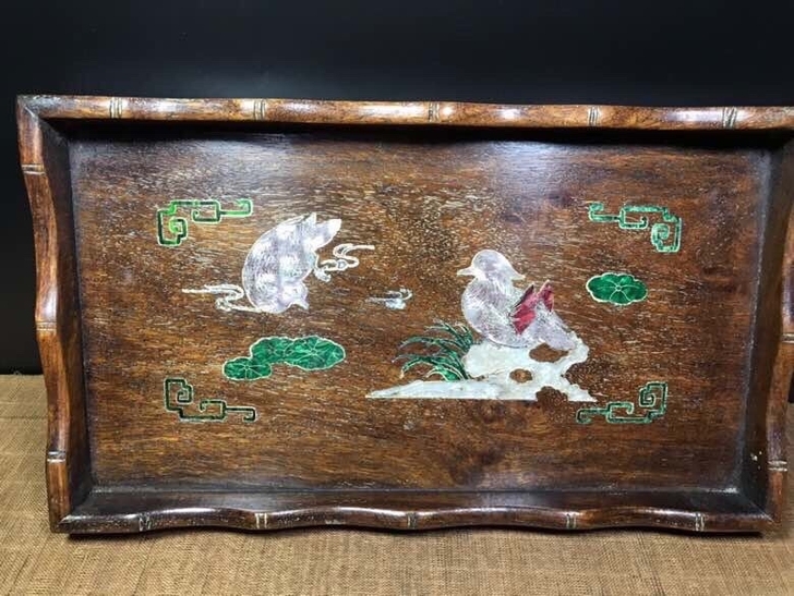 旧藏花梨木相贝托盘，做工精细包浆老厚，尺寸...