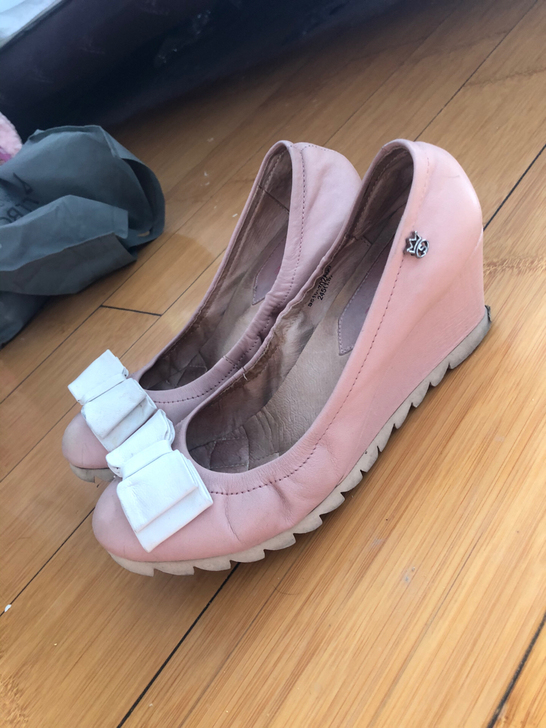 粉色纯皮坡跟蝴蝶结女鞋39码
