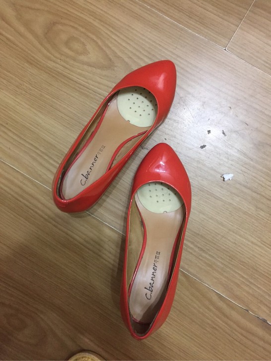 千百度橙色糖果色漆皮坡跟单鞋女鞋 37码