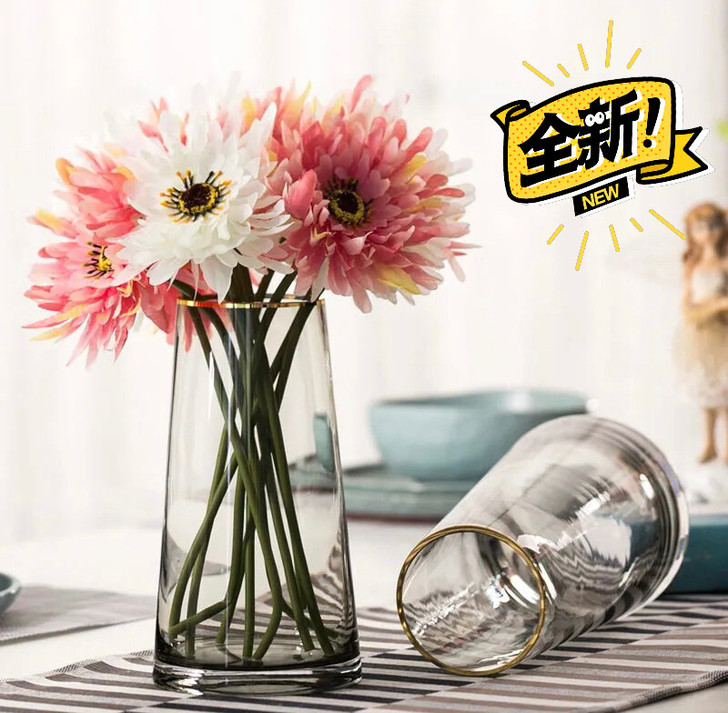 轻奢简约描金玻璃花瓶烟灰色客厅干花鲜花富贵...