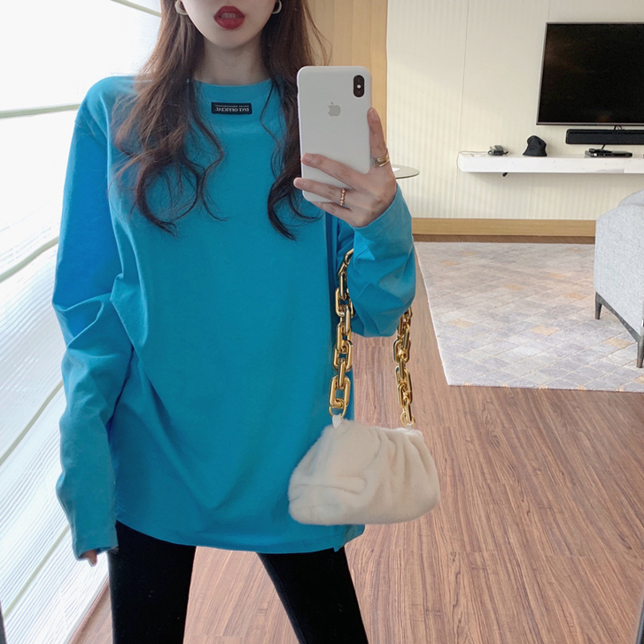 2021冬季新款百搭纯色宽松休闲长袖打底上...