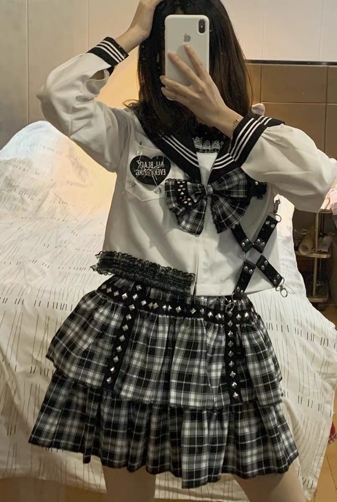 黑白格子铆钉punk朋克双层蛋糕裙辣妹蓬蓬...