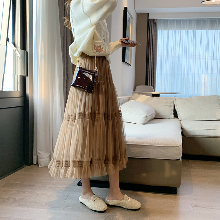 咖色网纱裙半身裙2021早春新款女中长款纱...