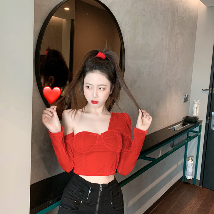 斜肩丝绒t恤女短款小众设计感2020早秋新...