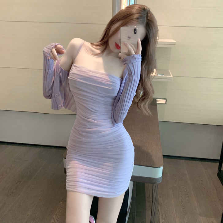 性感针织开衫网红ins气质吊带裙女夏紫色修...