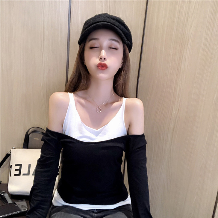 港味chic女装早春款上衣假两件长袖显瘦打...