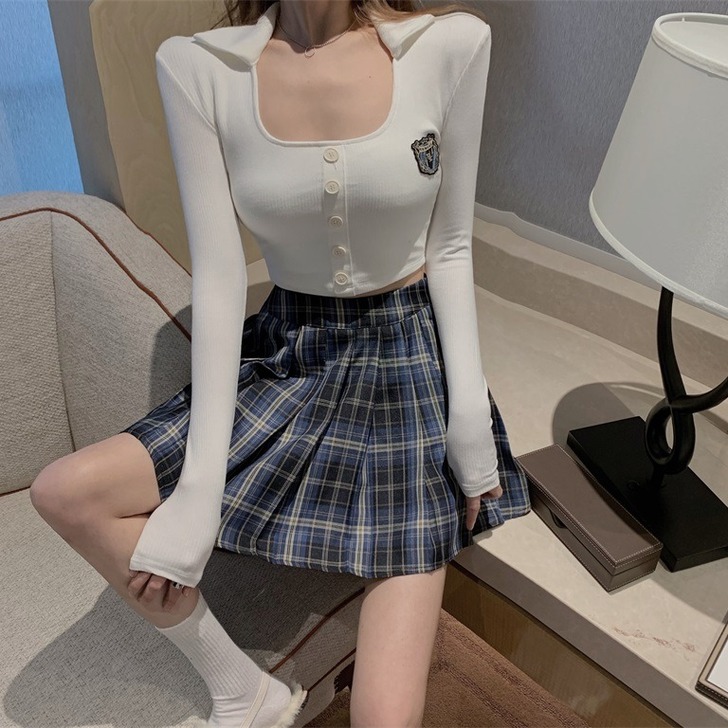 学院风套装女2021夏装新款U领露脐短上衣...