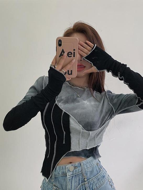 韩版2021春秋新款个性扎染拼色不规则T恤...