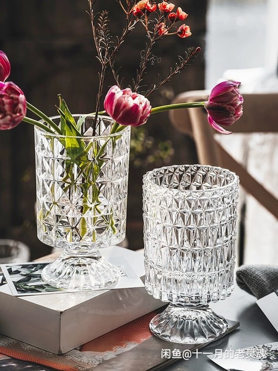 【高脚水晶玻璃花瓶】北欧复古风透明玻璃水培...