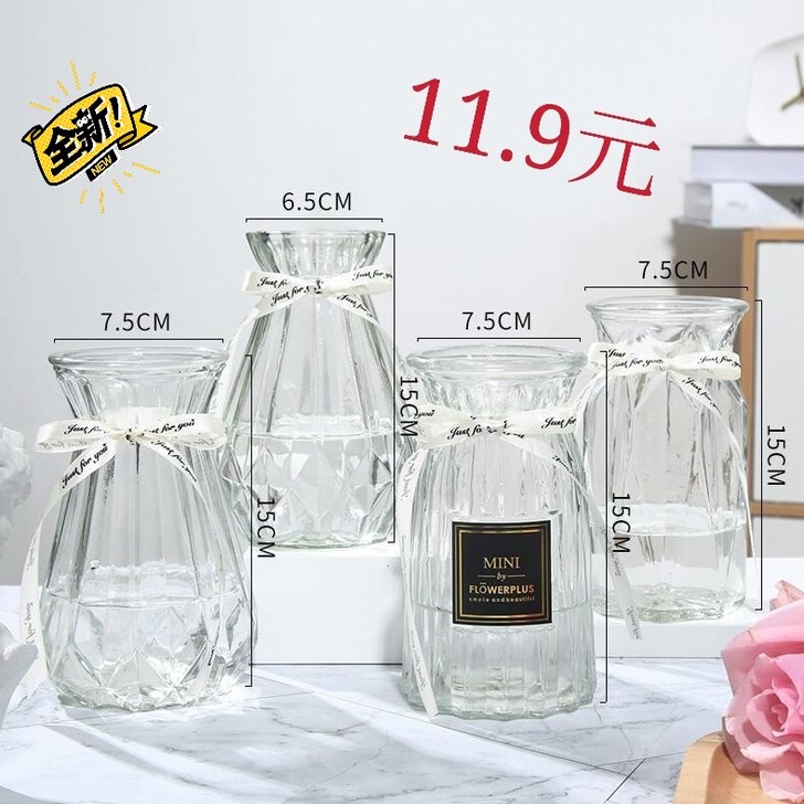 【全新四件套】玻璃花瓶透明水培富贵竹百合玫...