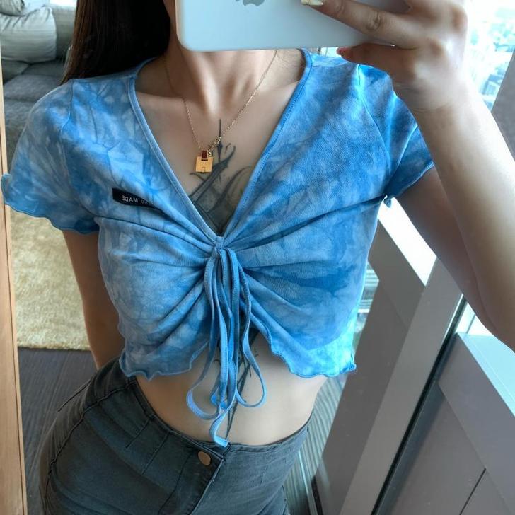 港味时尚ins复古扎染t恤短袖女渐变设计感...